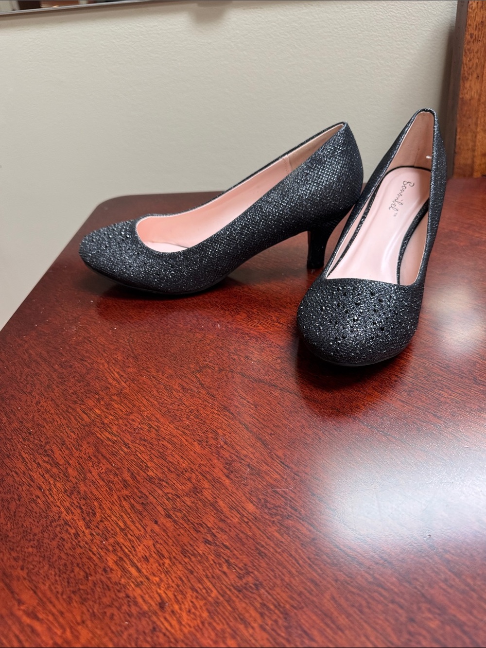 Bonnibel Black Glitter Mid-Heel Pumps